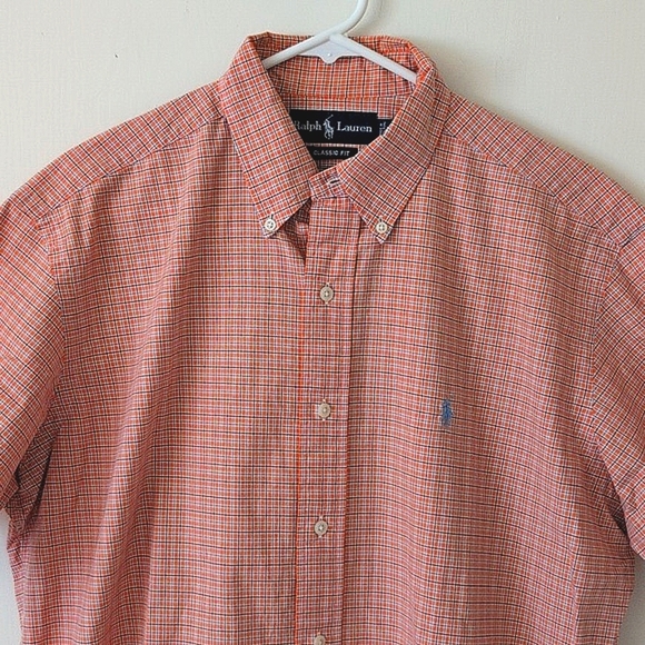 Ralph Lauren Men's Medium Short Sleeve Button Down Shirt Orange Plaid Cotton - Picture 3 of 7